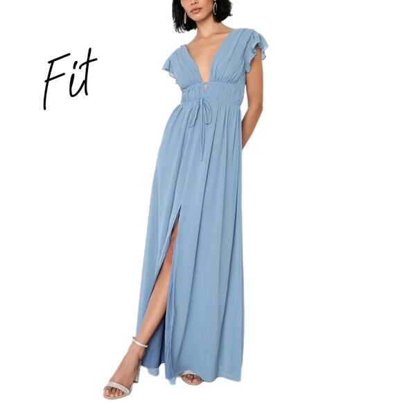 Lulu's NWT Slate Blue Floor Length Chiffon Ruffle Embellished Gown, Size M (6-8) - Picture 4 of 12